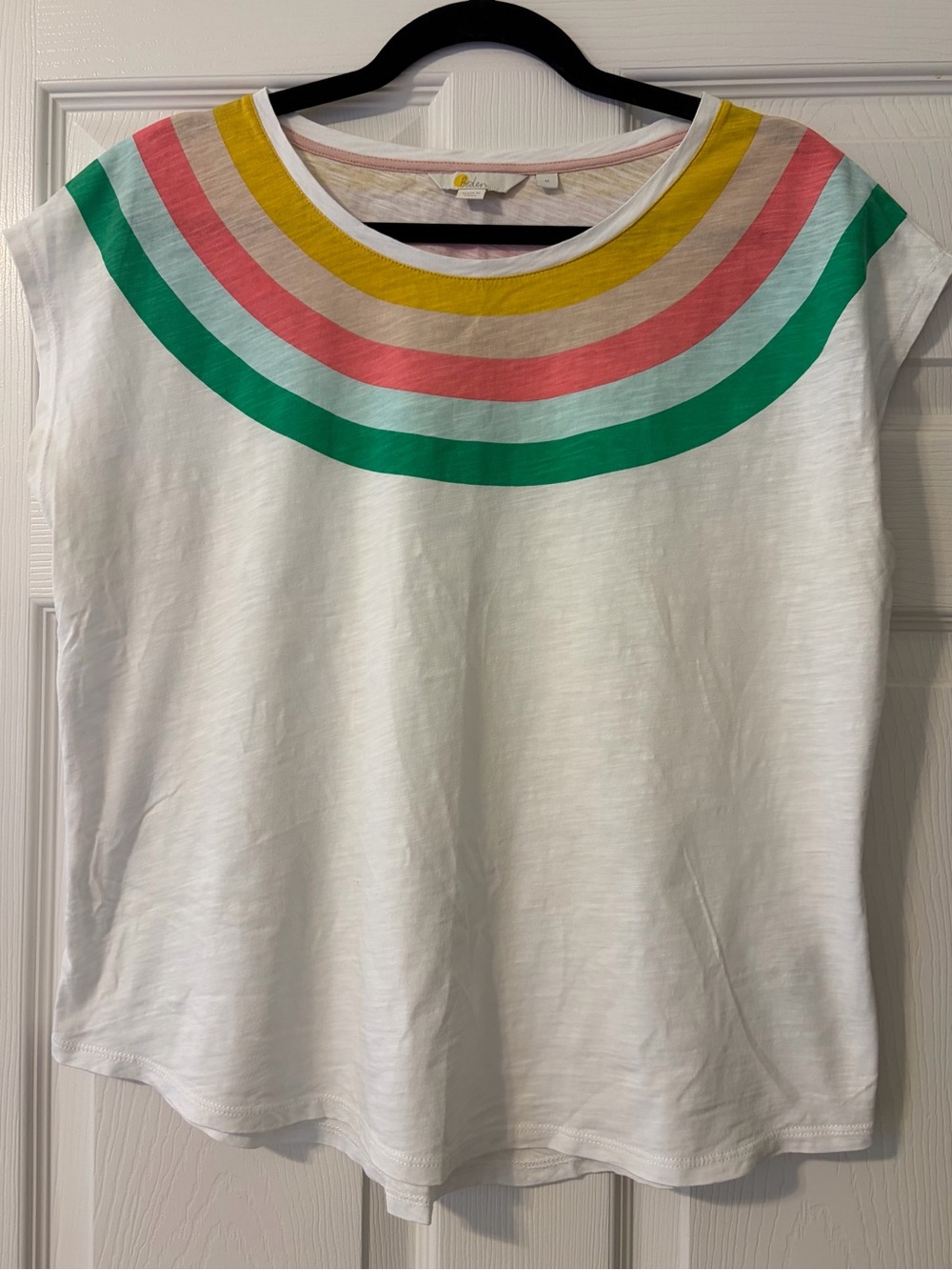 Boden White Tee with Green, Pink, Yellow and Light Blue Yoke Stripes